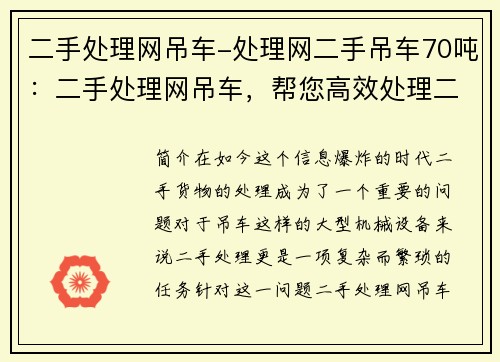 二手处理网吊车-处理网二手吊车70吨：二手处理网吊车，帮您高效处理二手货