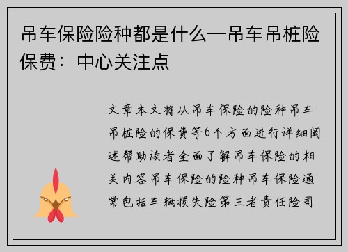 吊车保险险种都是什么—吊车吊桩险保费：中心关注点