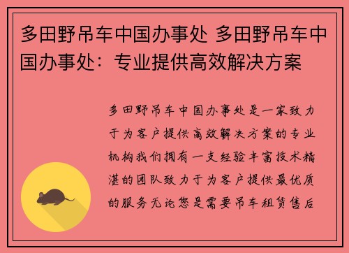 多田野吊车中国办事处 多田野吊车中国办事处：专业提供高效解决方案