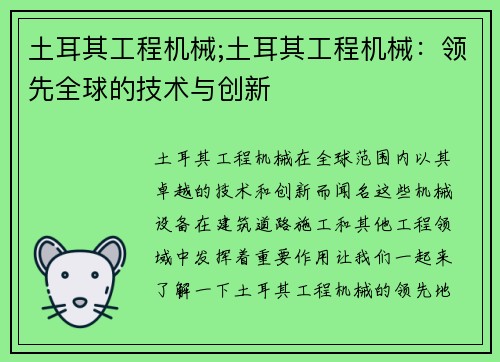 土耳其工程机械;土耳其工程机械：领先全球的技术与创新